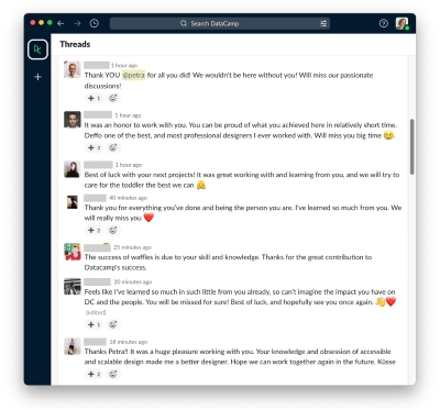 Multiple Slack conversations where people say thank you.